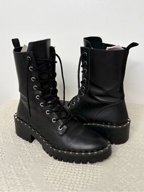 Zara Women’s Black Lace-Up Platform Combat Boots Studded